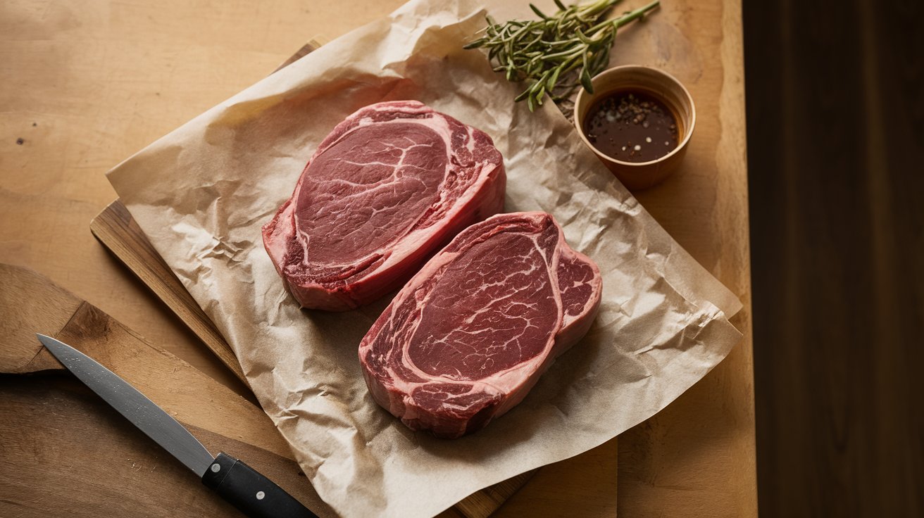 Raw chuck eye steaks showing marbling and thickness