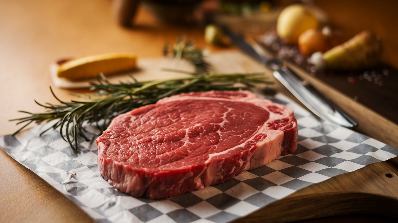 Raw flat iron steak on butcher paper