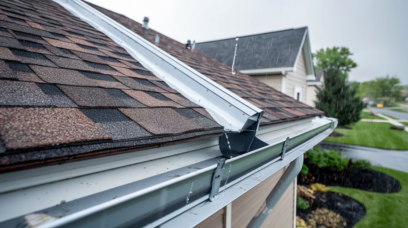 Roof edge comparison showing gutter apron and drip edge managing rainwater.