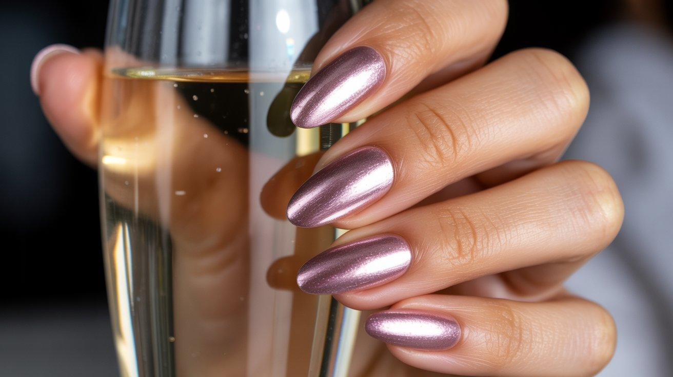 Almond-shaped pink chrome birthday nails reflecting party lighting.