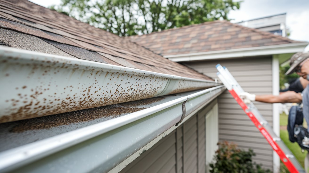Roof eave with gutter apron guiding water into gutter.