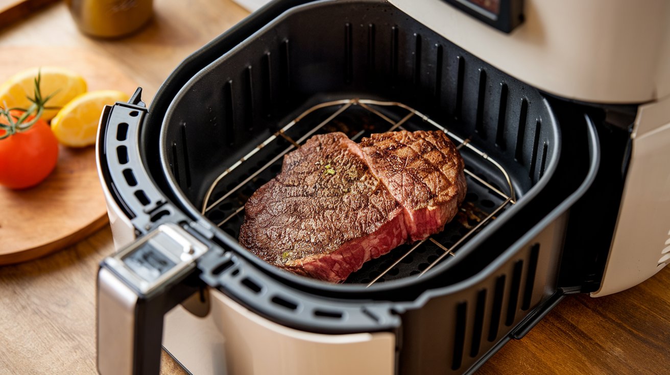 Steak cooking inside air fryer basket