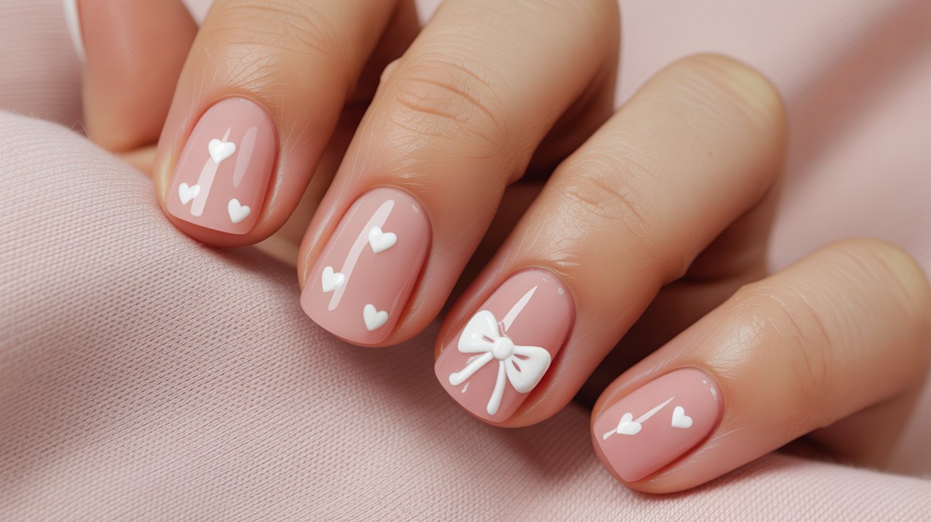 Blush birthday nails with small heart and bow accent art