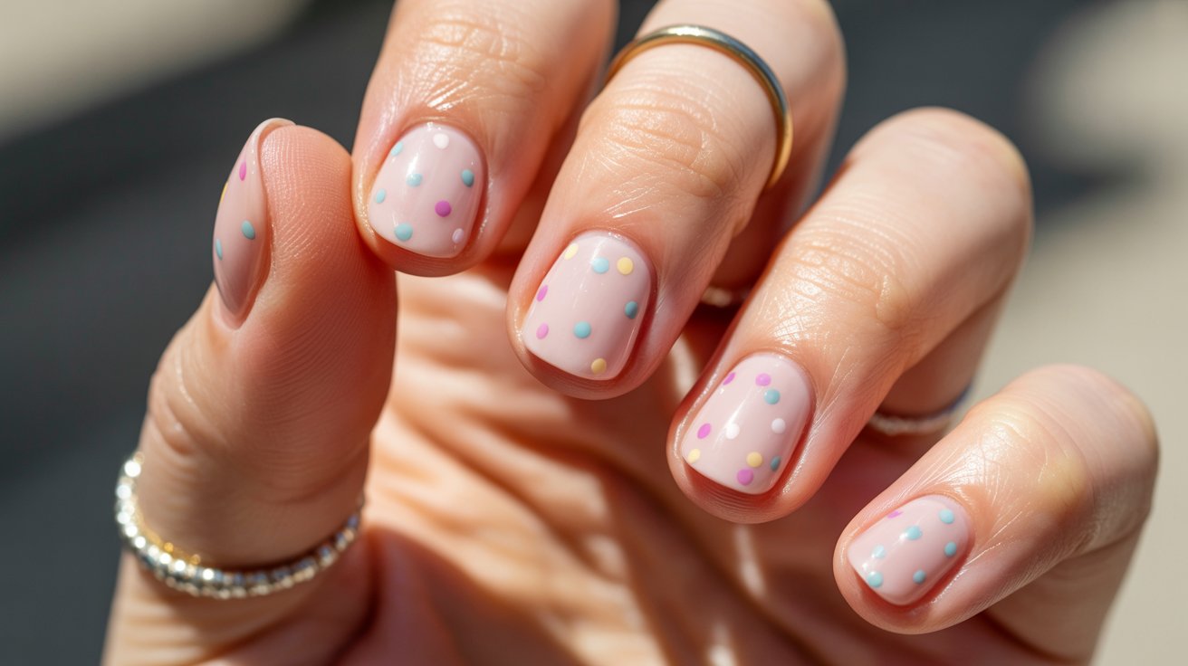 Short pastel confetti birthday nails with tiny colorful dots on sheer pink base.
