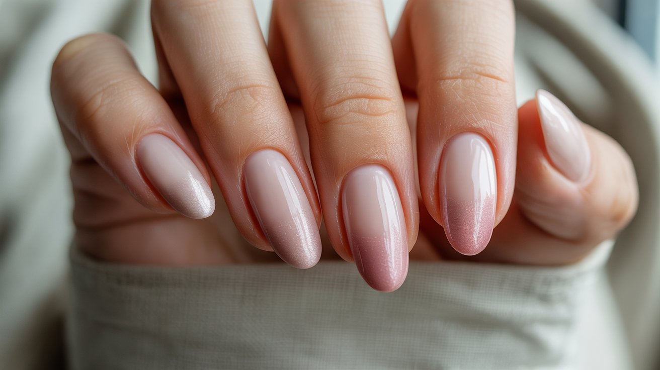Soft nude to blush ombré almond birthday nails with glossy finish.