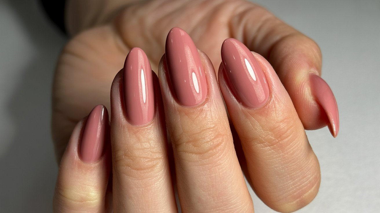 Rose pink glossy birthday nails with shimmer finish.