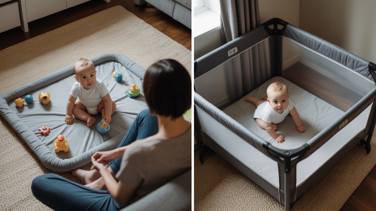 Side-by-side comparison showing a baby with open floor space for crawling versus a baby in a playpen, illustrating how environment affects movement development.