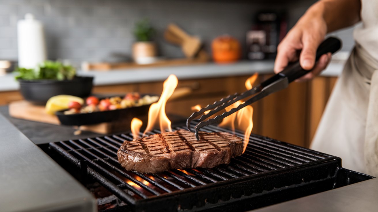 Steak cooking on outdoor grill with grill marks
