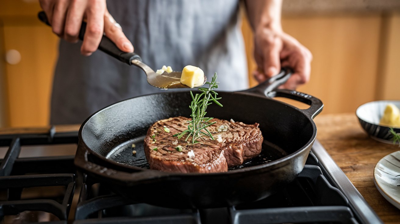 Steak searing in cast iron skillet with garlic and herbs