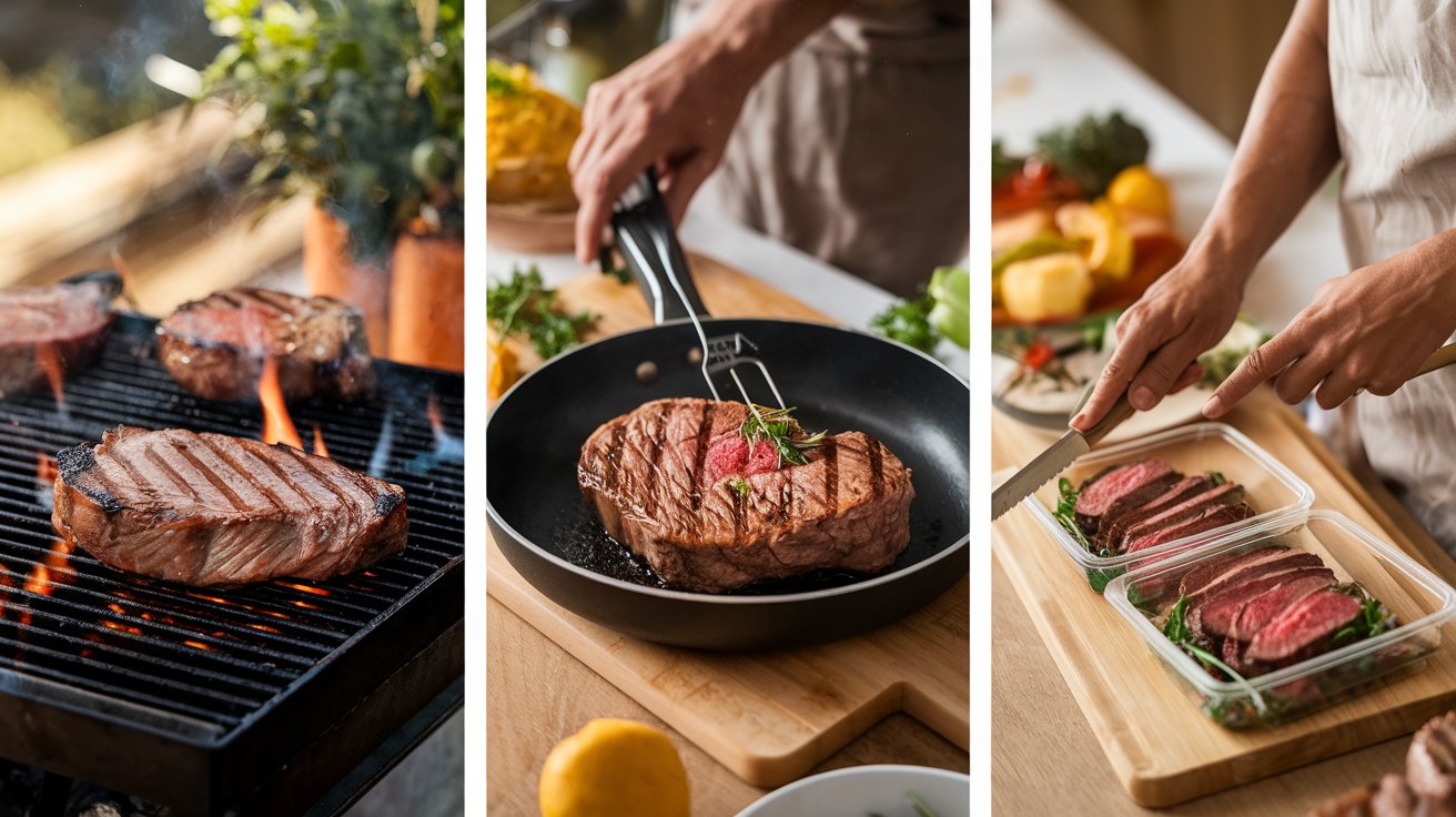Steak being grilled, pan-seared, and prepared for meal prep