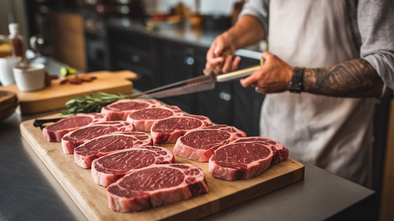 Top sirloin steak displayed on butcher counter