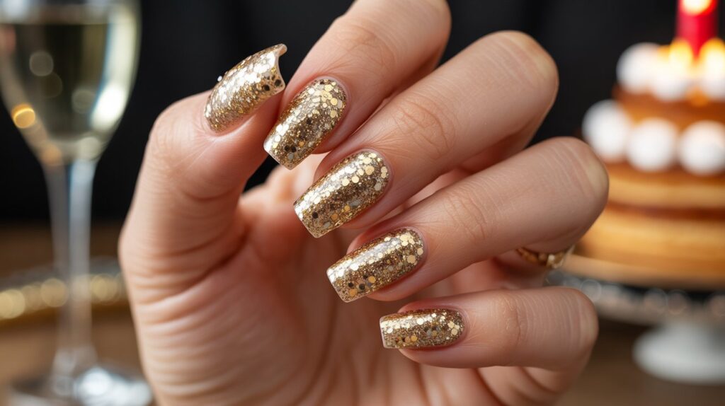 Coffin-shaped gold glitter birthday nails with glossy gel finish under warm evening lighting