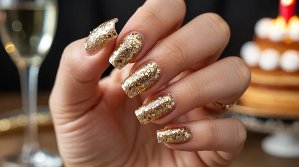Coffin-shaped gold glitter birthday nails with glossy gel finish under warm evening lighting