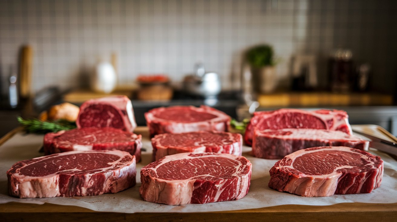Different steak cuts displayed showing marbling differences