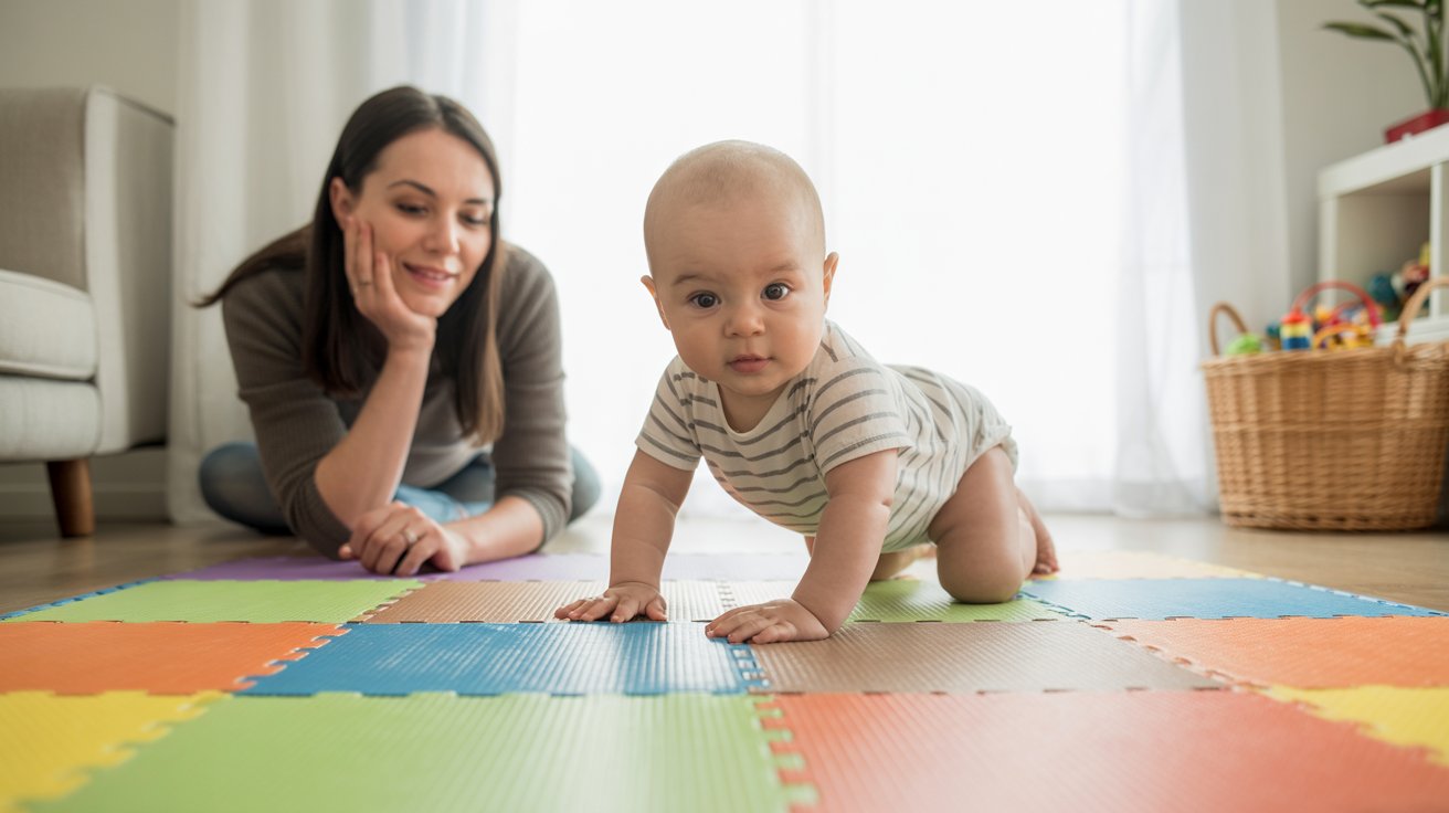 baby demonstrating a crawling style like commando crawl with parent at the back