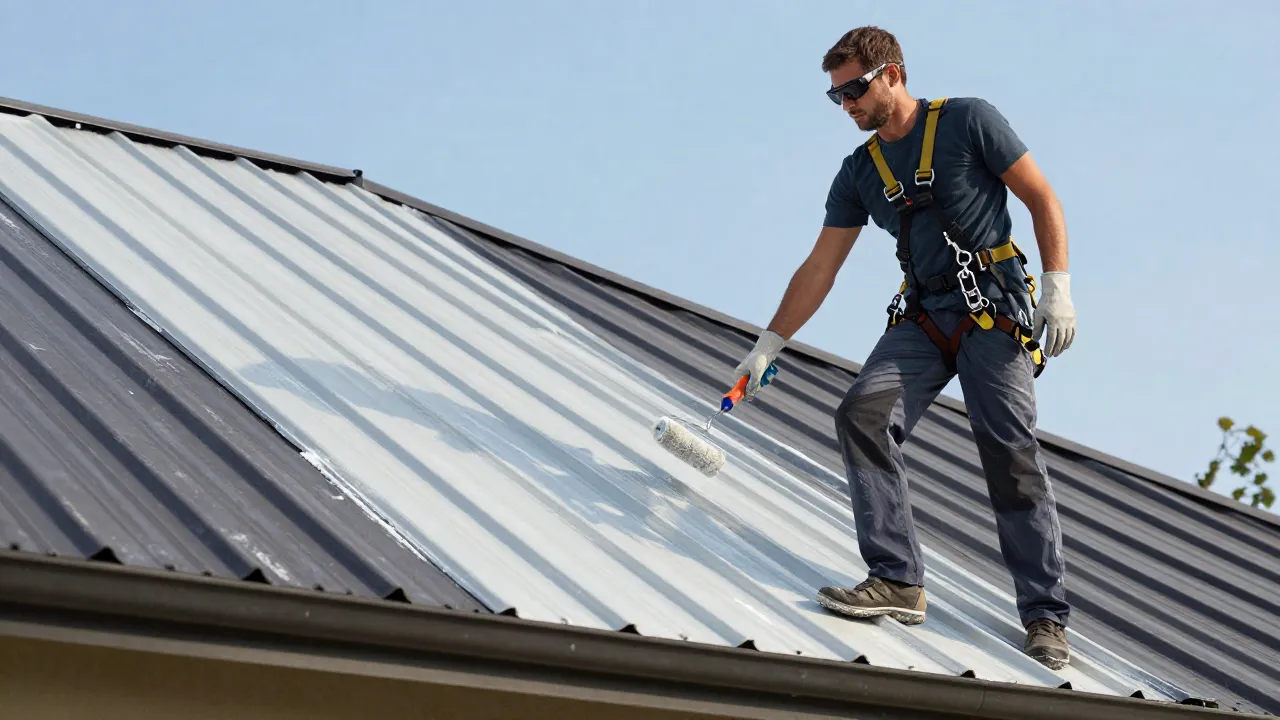 Homeowner in safety harness and gloves painting a metal roof with a roller — one side freshly coated, one side weathered — on a clear morning