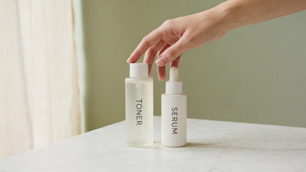 A flat lay of a toner bottle and serum bottle on a marble surface, with a hand reaching for the toner first, illustrating the correct order of toner before serum in a skincare routine.