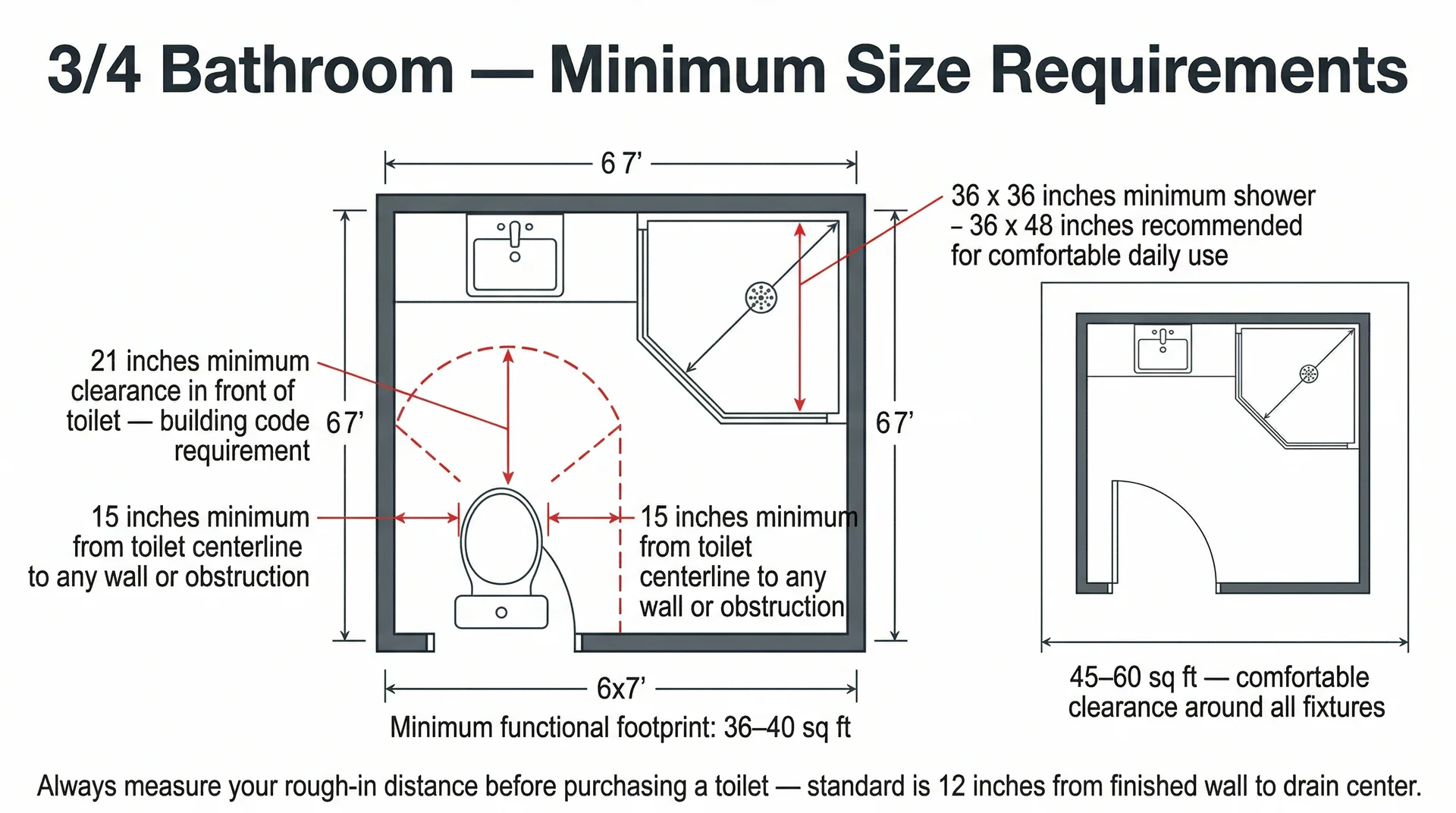 Annotated floor plan showing minimum size requirements for a 3/4 bathroom including toilet clearance and shower dimensions
