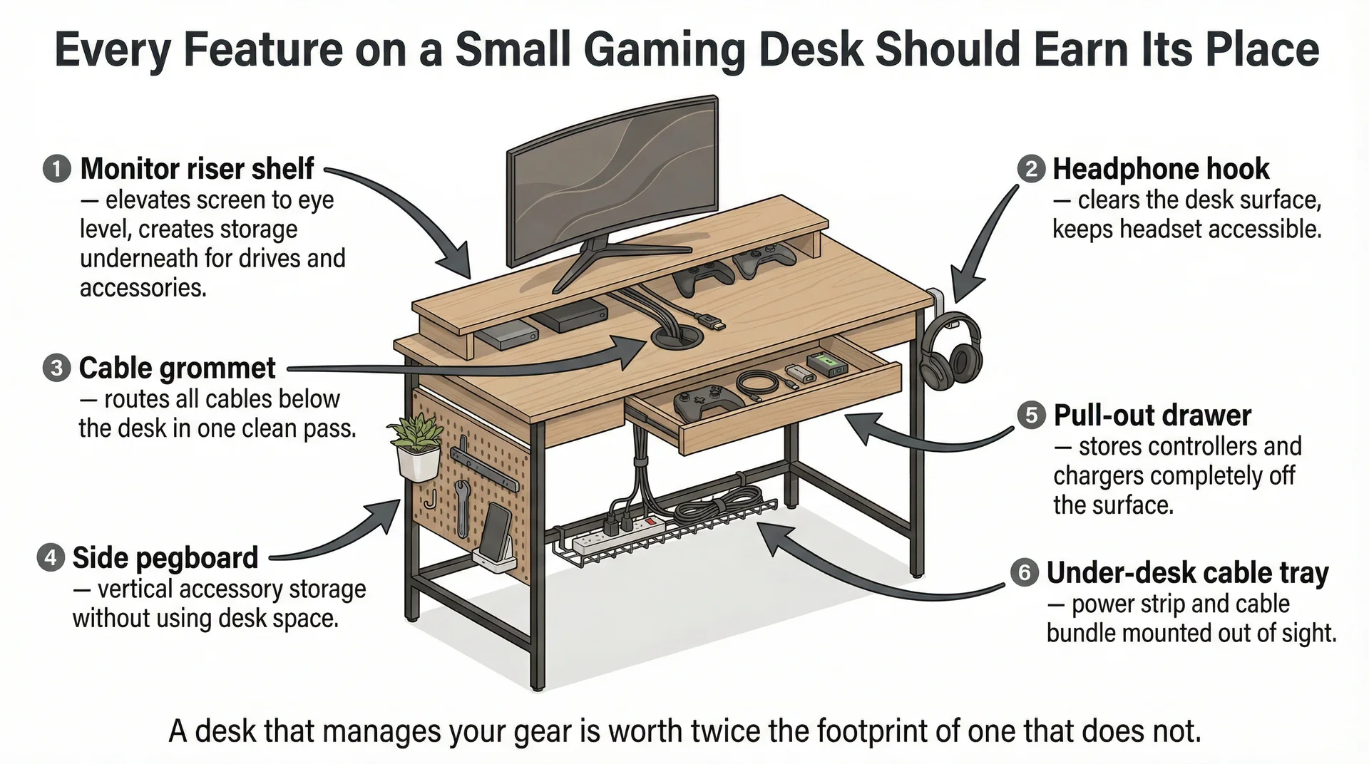 Annotated gaming desk illustration showing six built-in features including monitor riser, headphone hook, cable grommet, and pull-out drawer