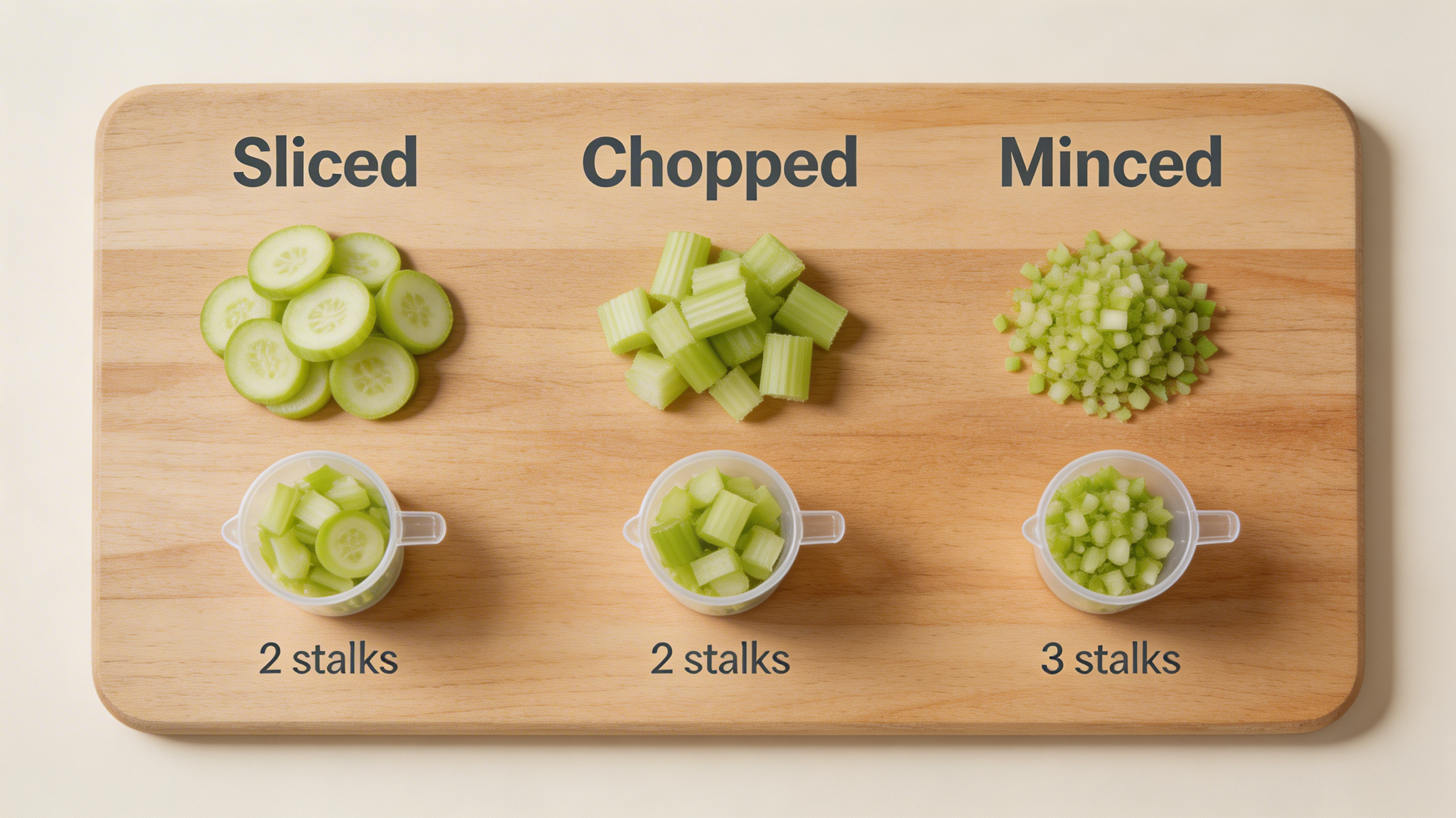 Annotated side-by-side comparison of sliced, chopped, and minced celery showing how many stalks are needed to fill one cup for each cut type