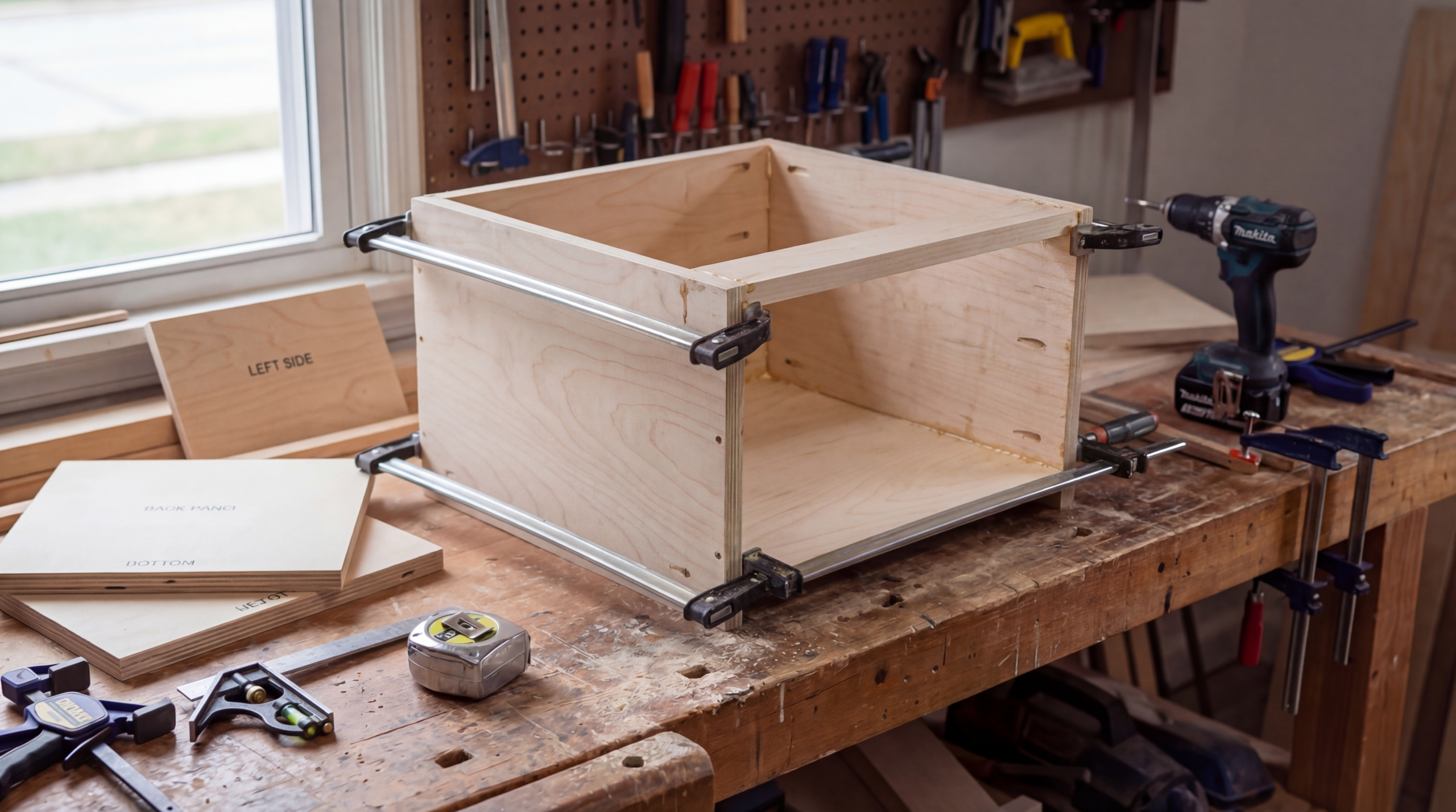 Assembling cabinet carcass with sides, bottom, back panel, and top supports aligned flush