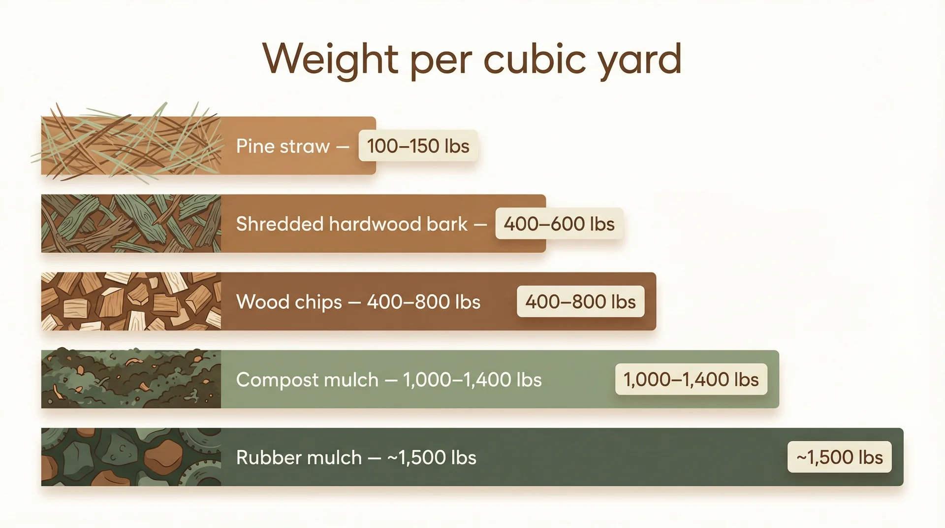 Bar infographic comparing mulch weights per cubic yard, from pine straw at 100 lbs to rubber mulch at 1,500 lbs