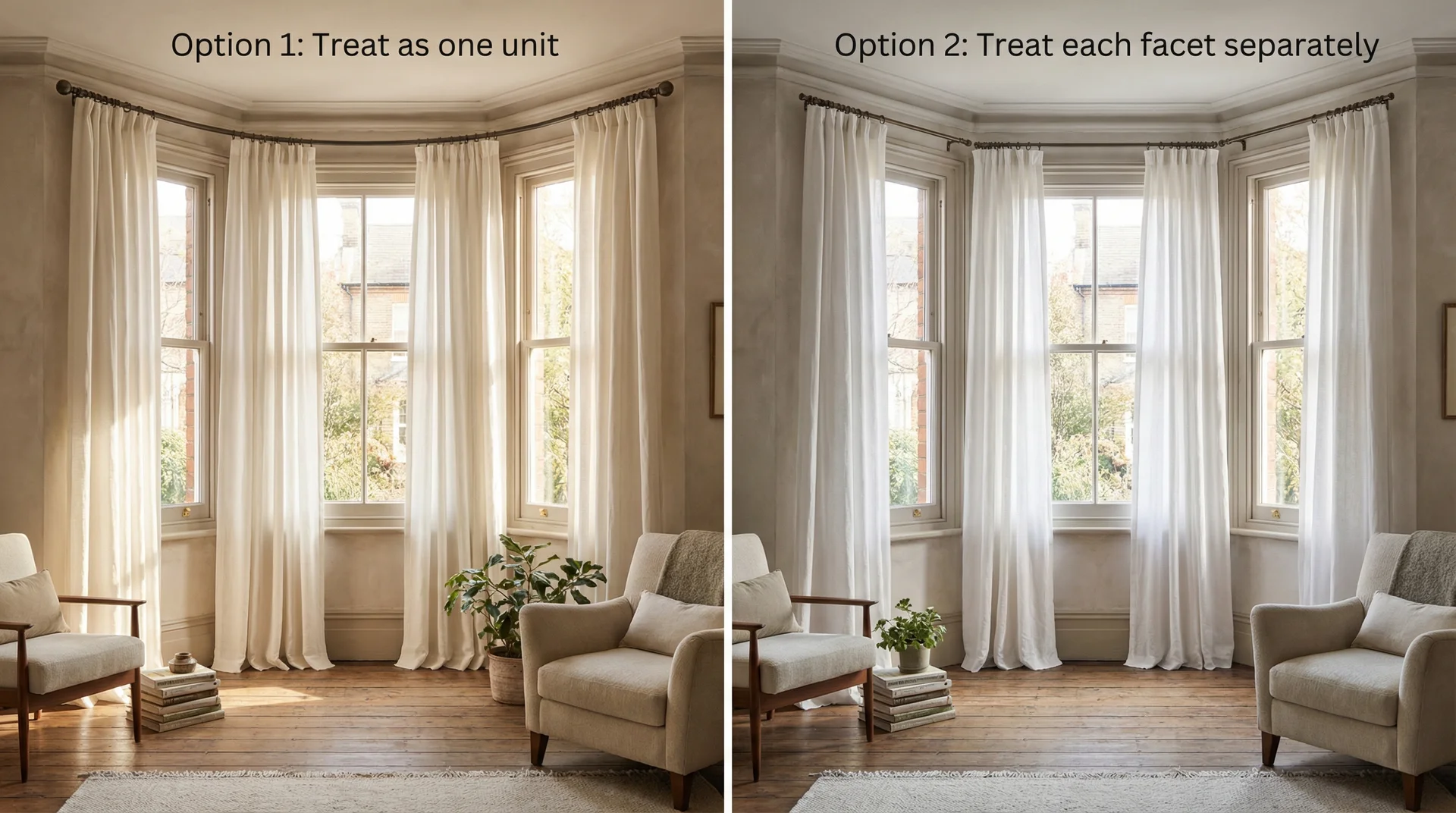 Bay window shown two ways: single continuous rod across full bay versus individual rods on each angled facet 
