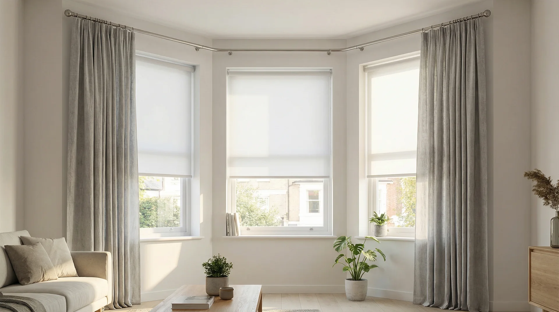 Bay window with individual roller blinds per pane and a single continuous curtain rod spanning the full bay 