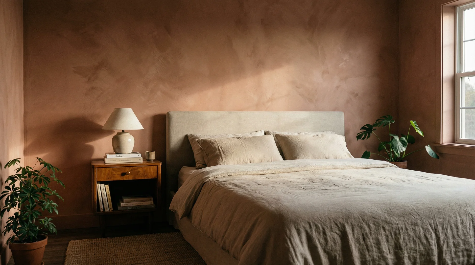 Bedroom accent wall with a limewash finish in dusty terracotta showing organic texture and warm light