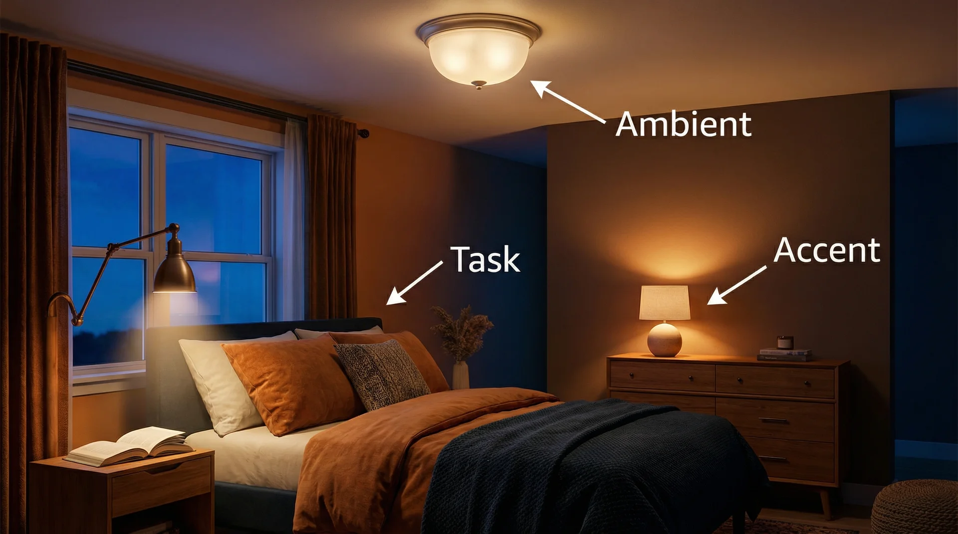 Bedroom evening illustration showing three lighting layers: ambient ceiling light, task sconce, and accent lamp