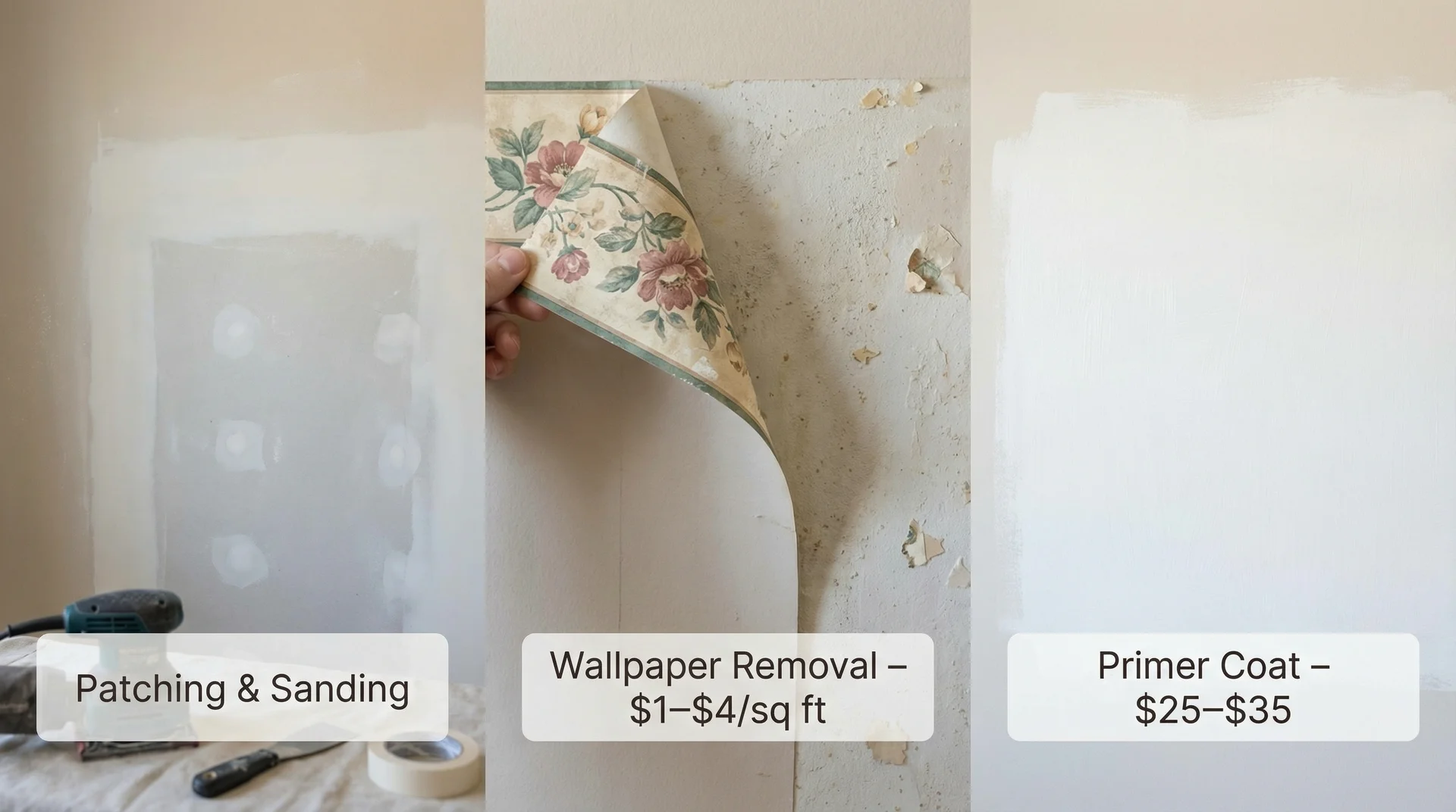 Bedroom wall in three prep stages: spackle patching, wallpaper removal, and fresh primer coat with cost labels