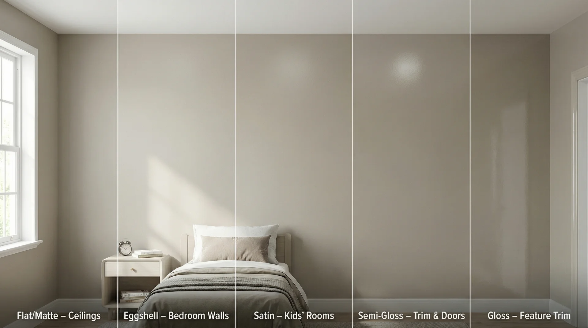 Bedroom wall split into five sections showing paint finish differences from flat matte to high gloss with labels