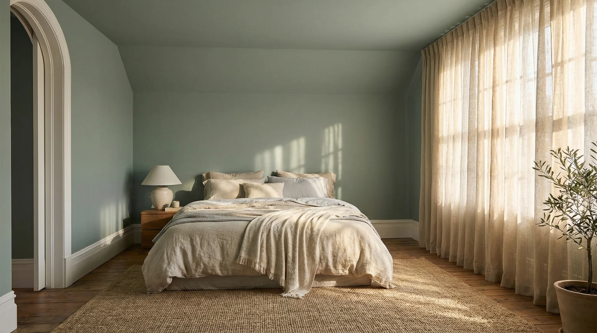 Bedroom with ceiling and walls painted the same sage green color, showing a unified envelope effect