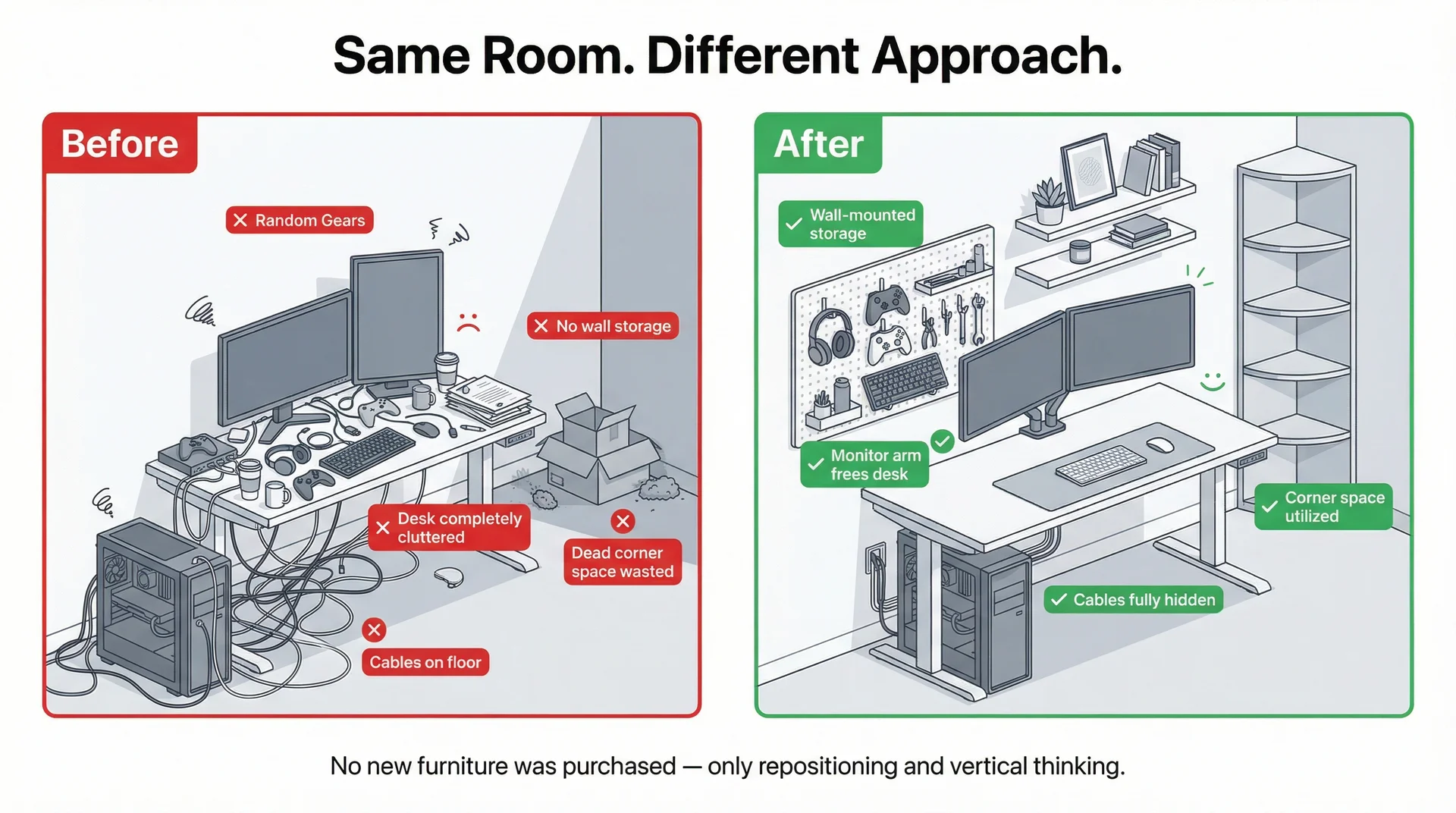 Before and after illustration of a 9x10 gaming room reorganised without new furniture, showing clutter versus clean setup