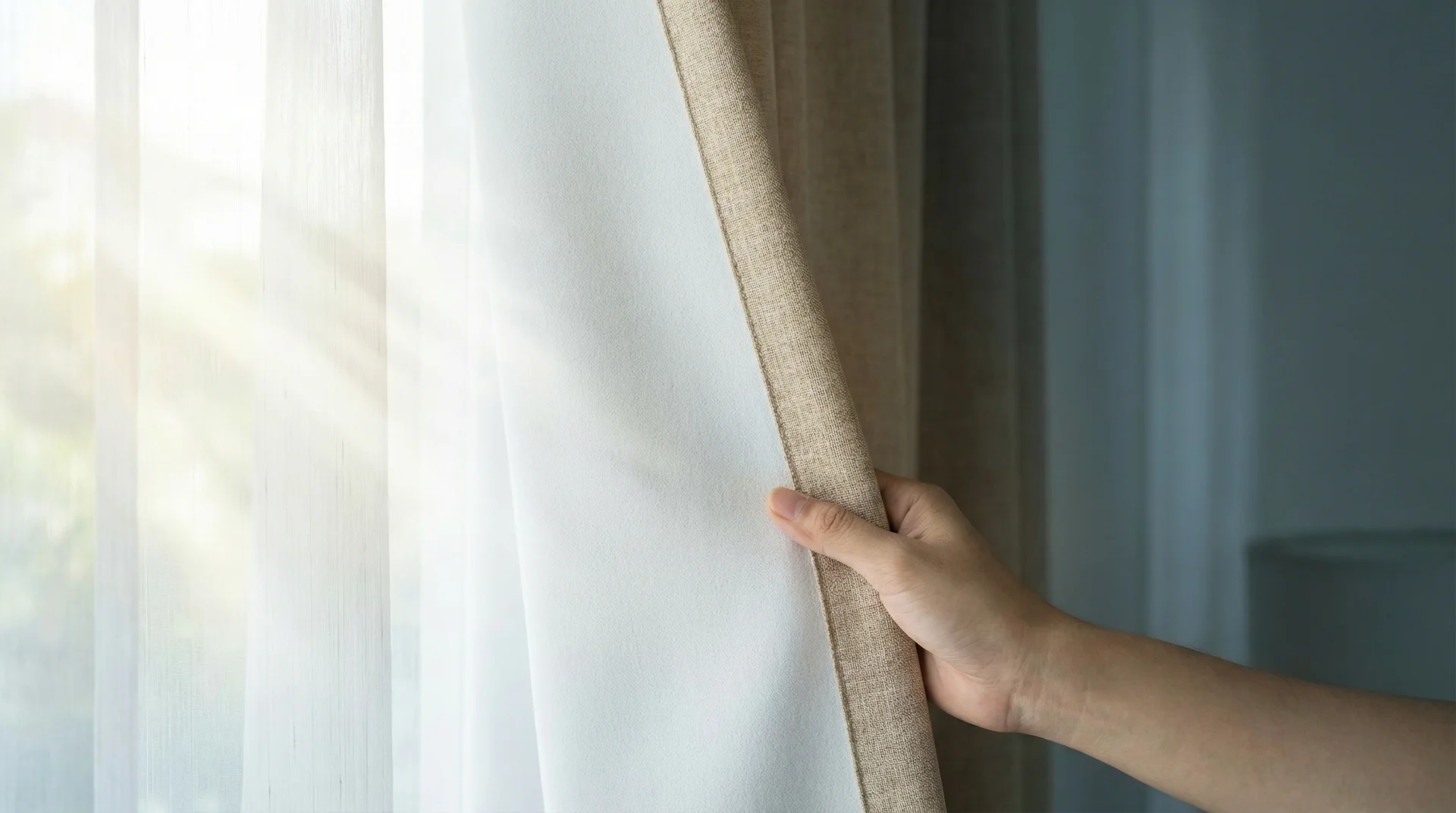 Blackout curtain panel showing white reflective backing facing the window and decorative fabric facing the room