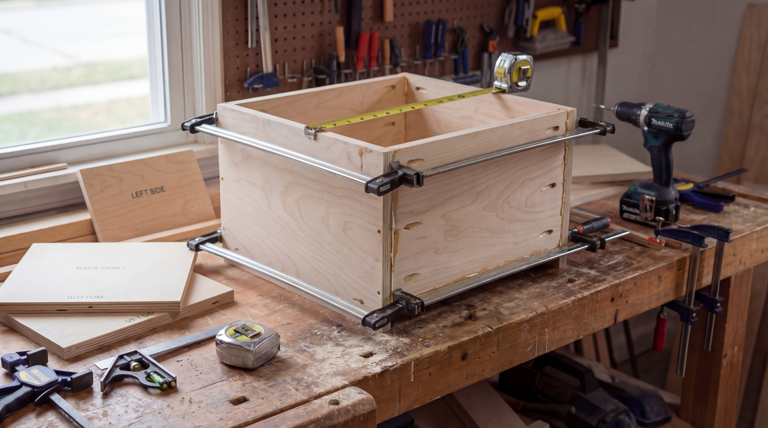 Building first cabinet box and checking diagonals to ensure it is square