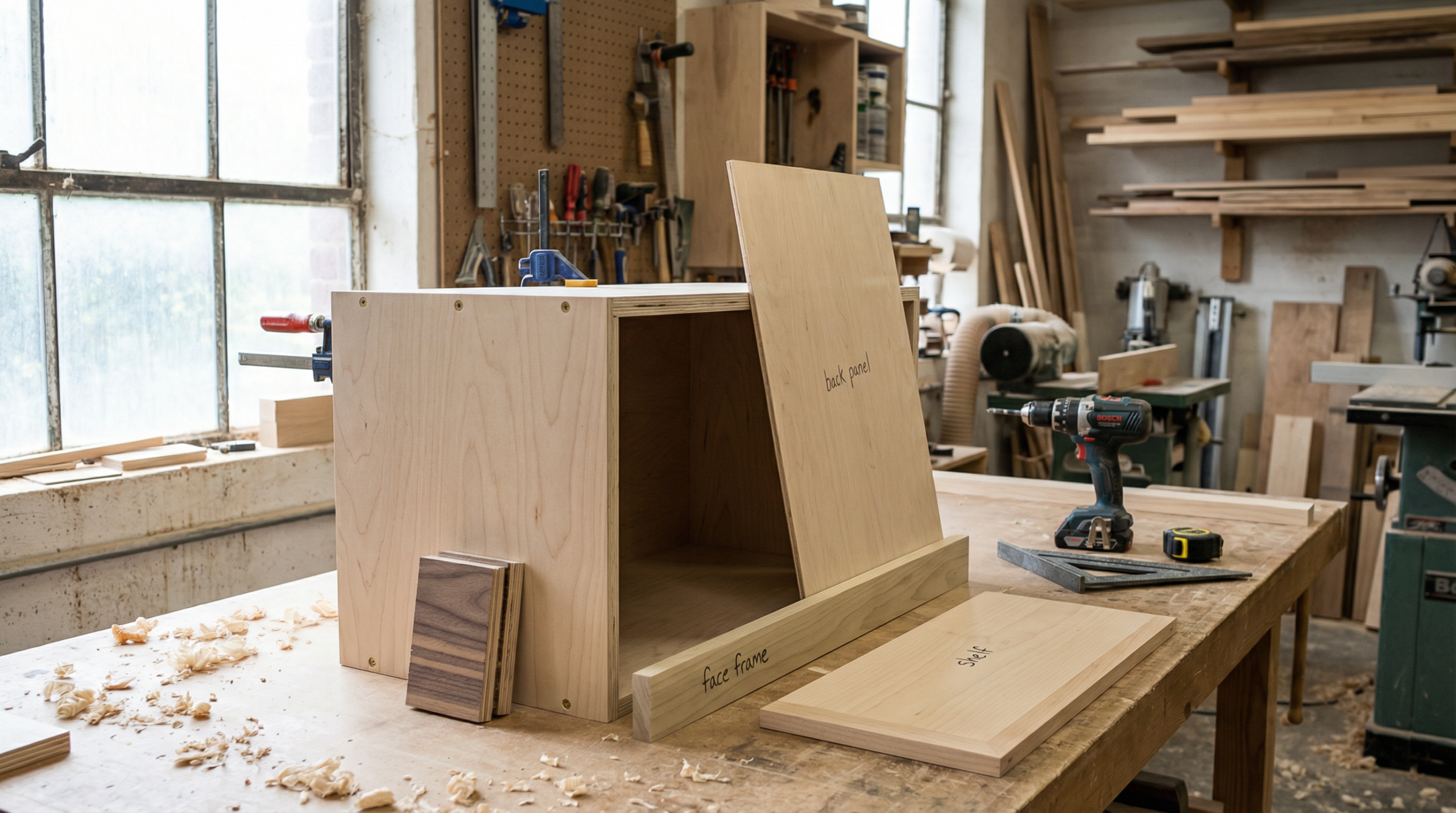 Cabinet materials including plywood box, back panel, face frame, and edge-banded shelf shown in a real woodworking setup