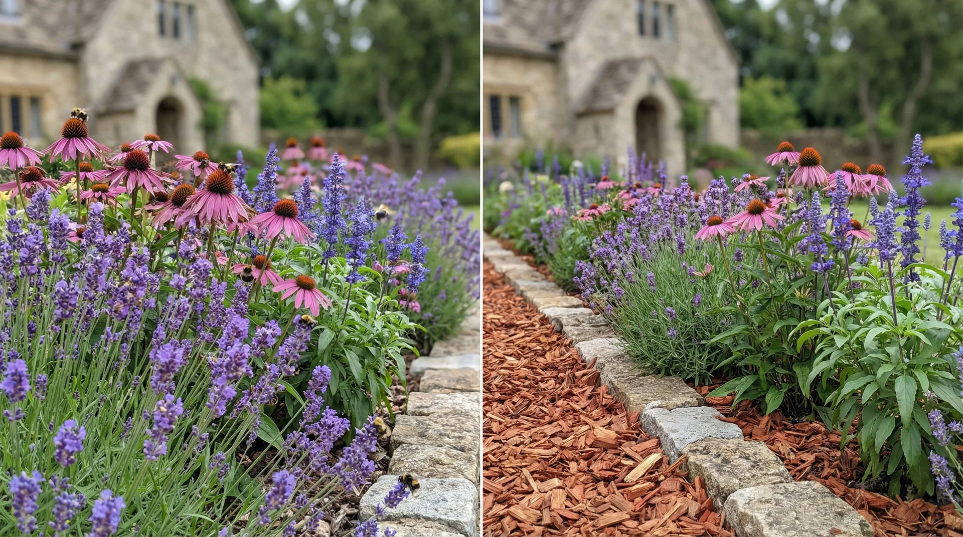 Cedar mulch applied in a cottage garden border showing reduced pollinator activity compared to an unmulched section