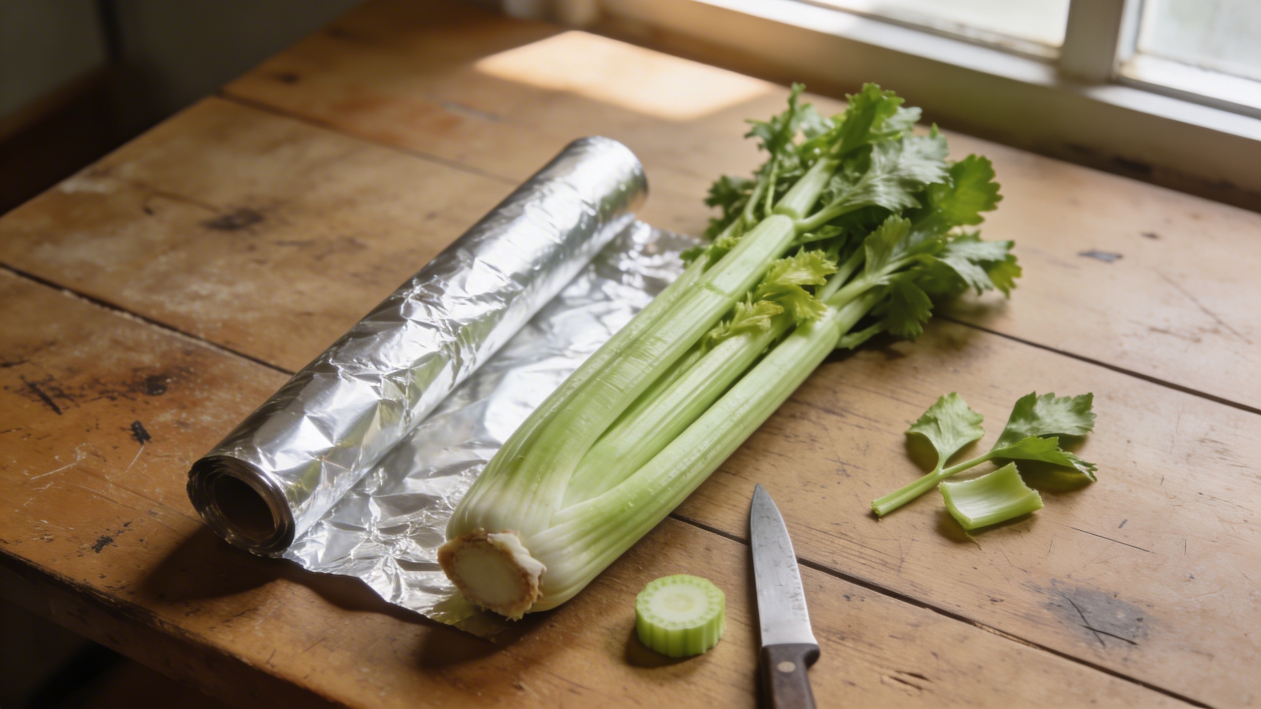 Celery bunch laid out on a wooden table next to aluminium foil, trimmed and ready to be wrapped for refrigerator storage.