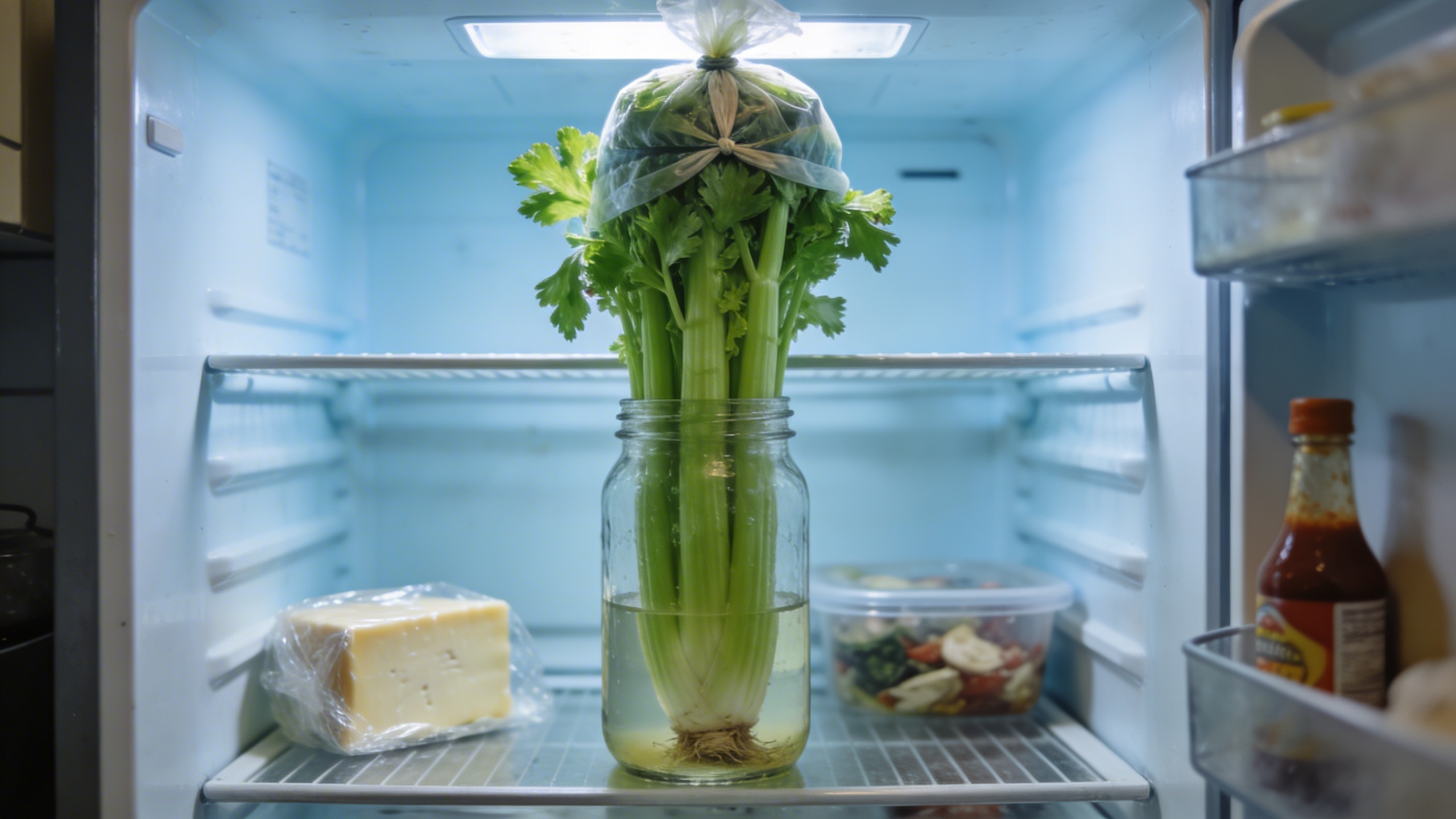 Celery bunch standing upright in a mason jar with water inside a refrigerator, covered loosely with a produce bag.