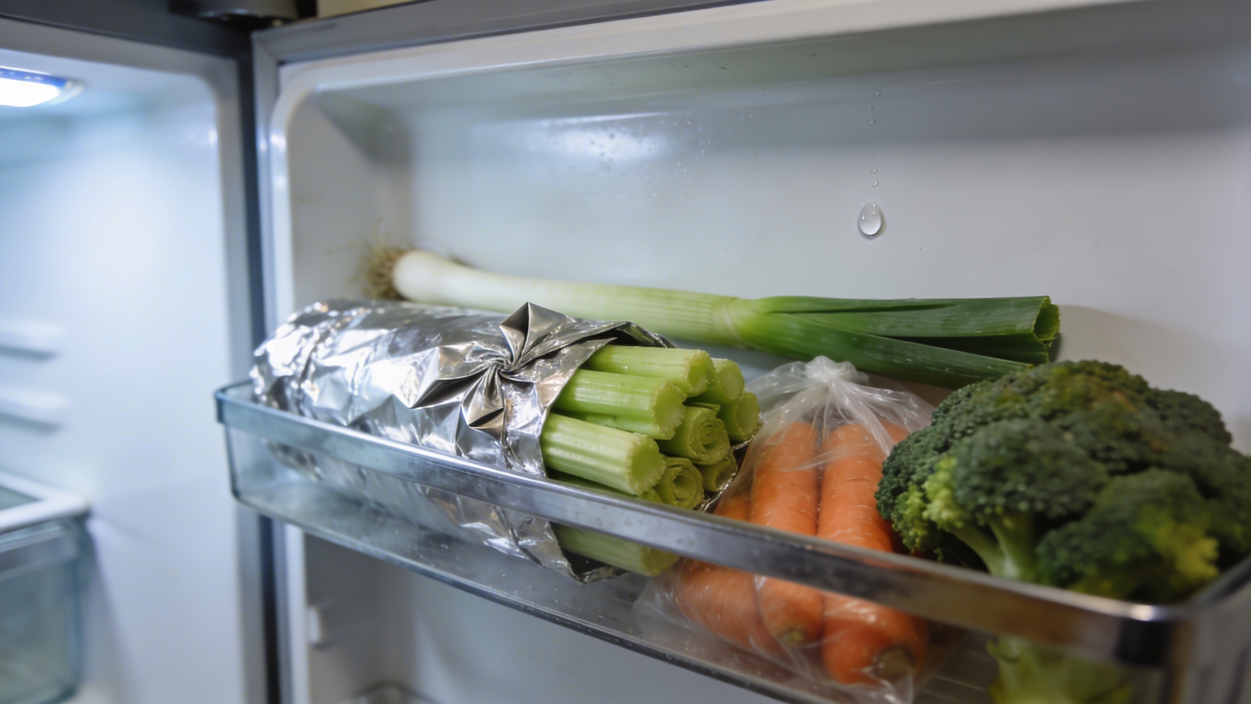 Celery wrapped in aluminium foil stored in a refrigerator crisper drawer alongside carrots and broccoli
