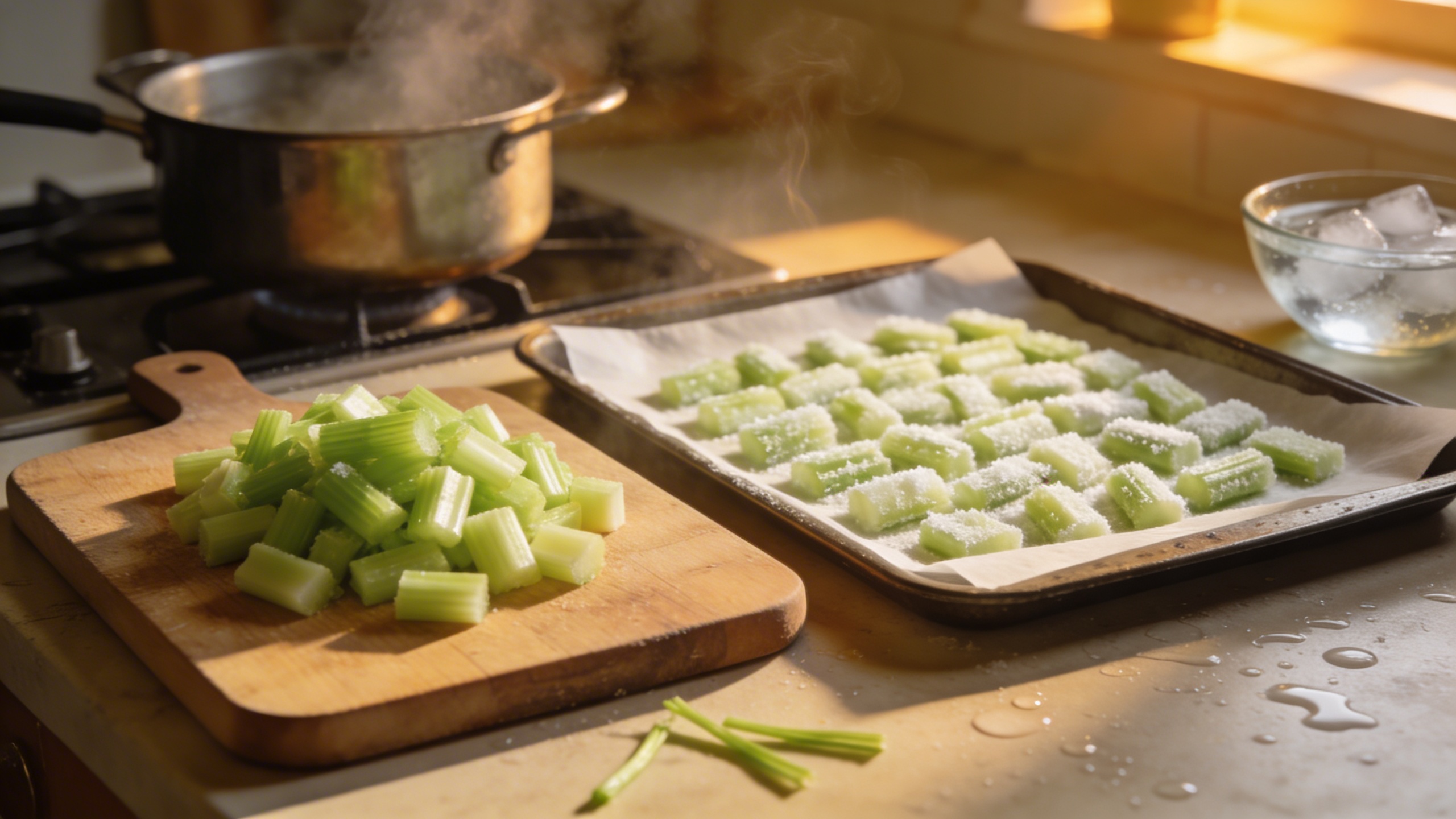 Chopped celery pieces spread on a baking sheet for individual freezing next to a pot of boiling water on a home kitchen stove