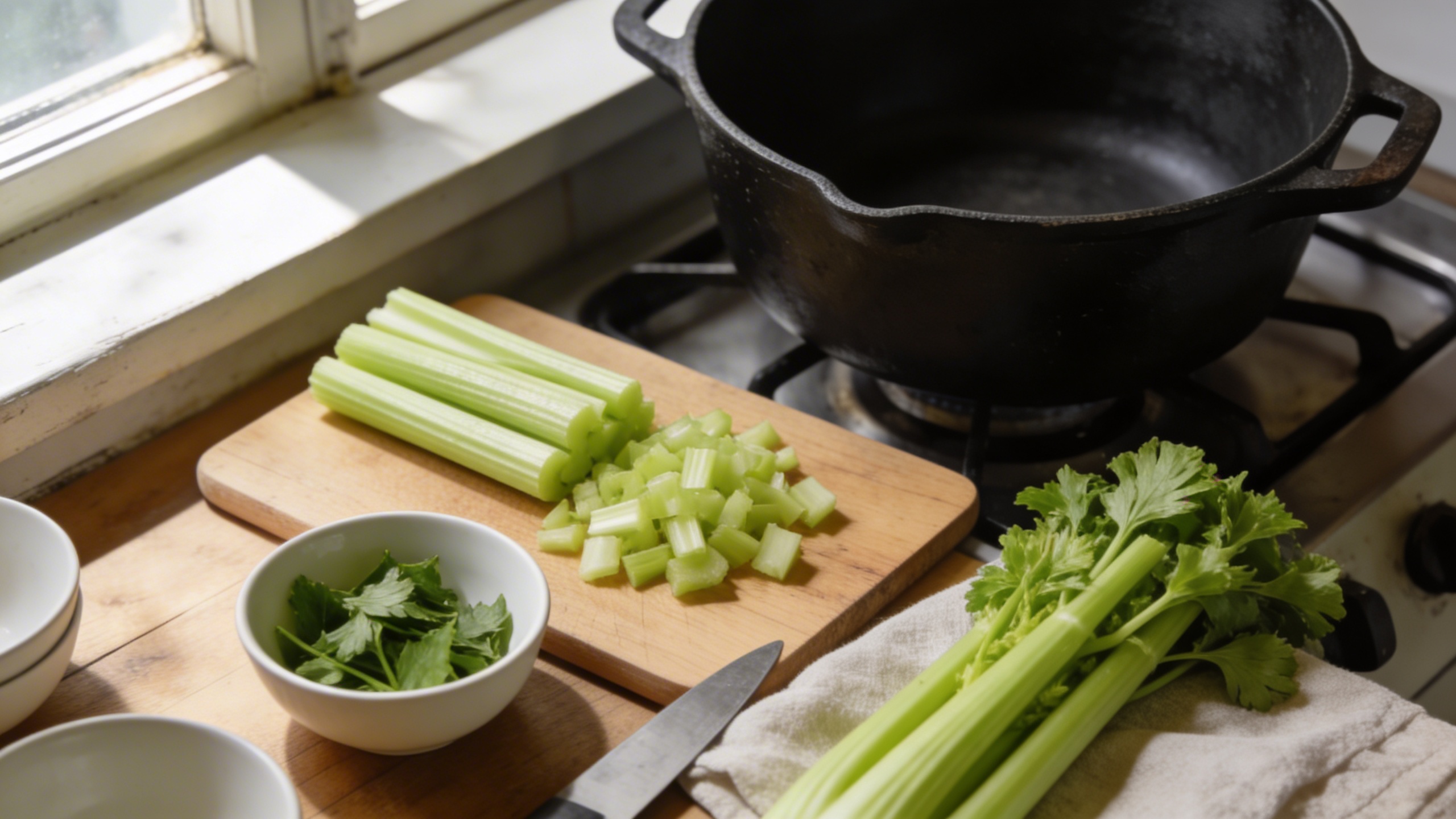 Chopping-fresh-celery-stalks-on-a-cutting-board-with-celery-leaves-set-aside