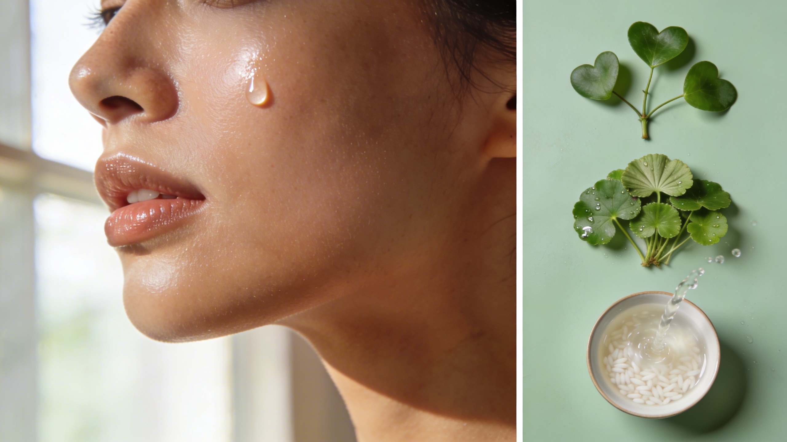 Close-up of glowing hydrated skin beside fresh heartleaf, centella asiatica, and rice ferment — key Korean toner ingredients for barrier repair and luminosity.