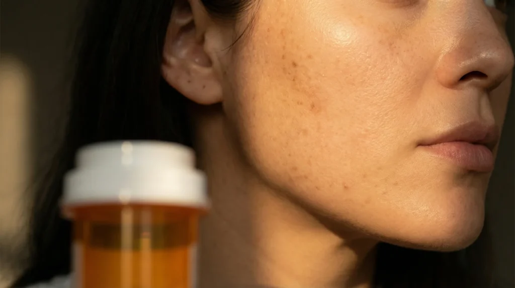 Close-up of woman's skin showing transition from hyperpigmentation to even luminous tone — tretinoin before and after guide