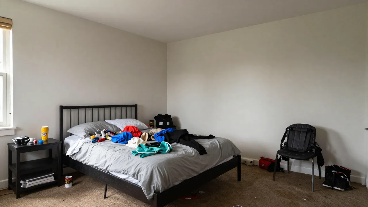 Cluttered men's bedroom with mismatched furniture, poor lighting, and no focal point showing common design mistakes