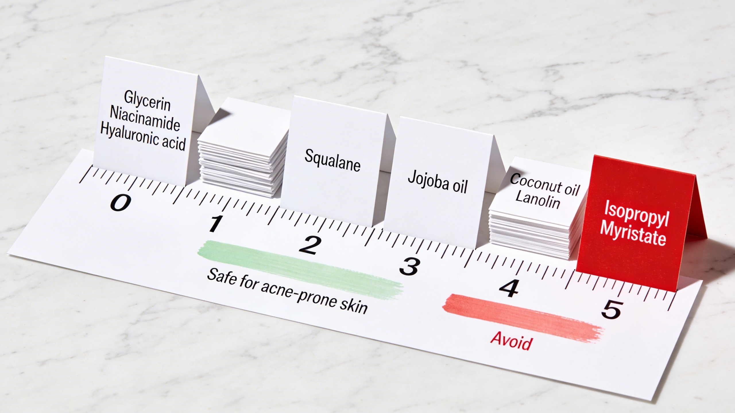 Comedogenic rating bar from 0 to 5 with ingredient cards