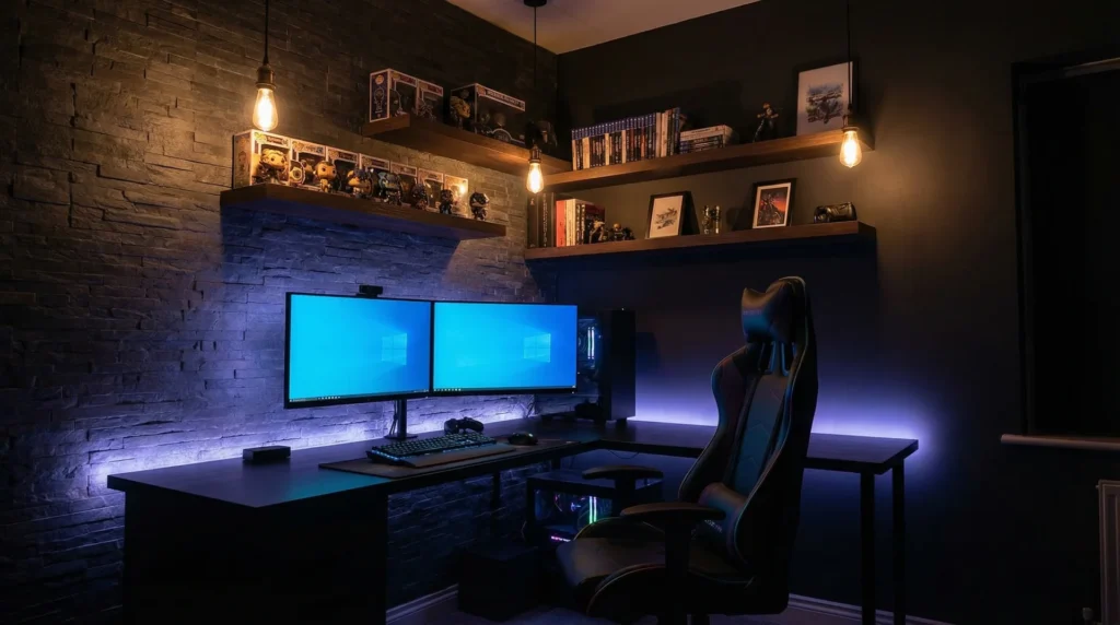 Compact gaming room setup in a small corner space with dual monitors, RGB lighting, and floating shelves