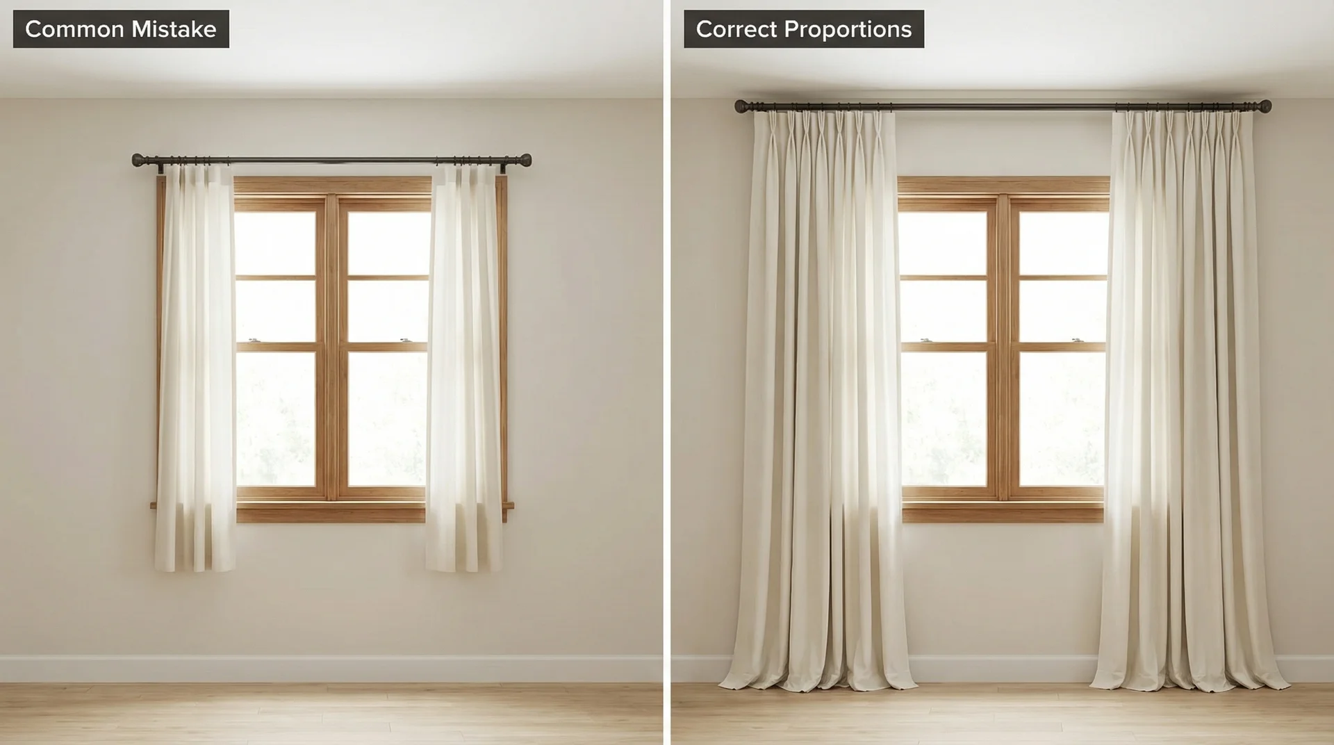 Comparison of curtains hung too low and narrow versus correctly hung high and wide for proper proportion