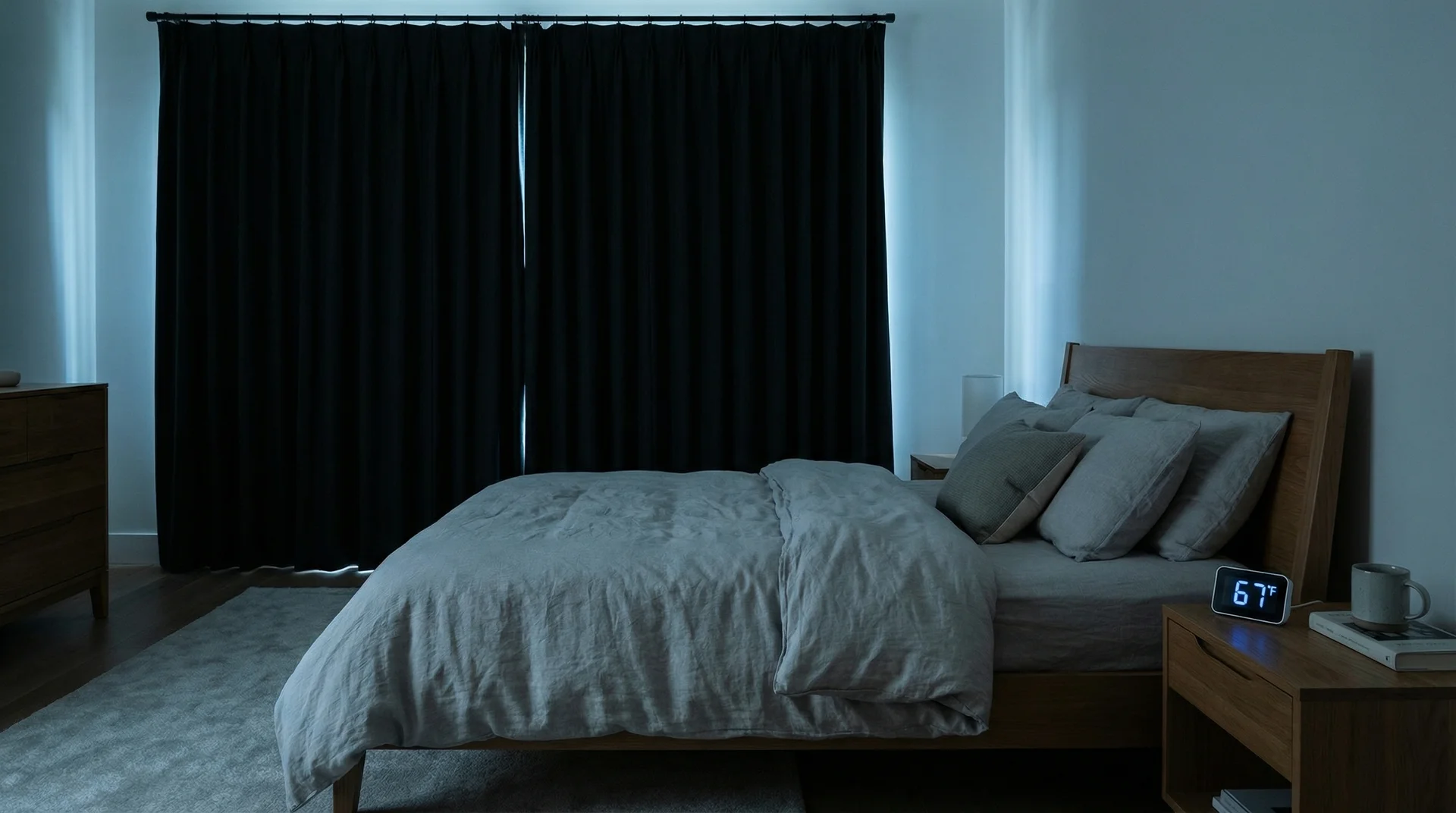 Cool dimly lit bedroom at midday with blackout curtains drawn and bedside thermometer showing 67°F